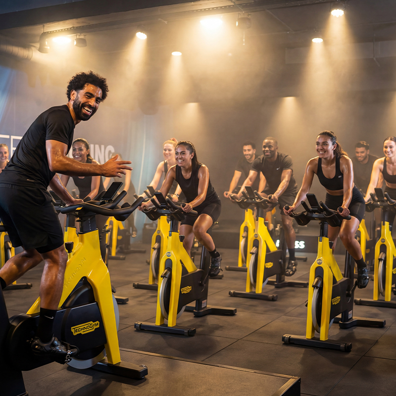 Premium indoor cycling studio at Eliteness Villeverte with immersive lighting and high-performance RPM bikes